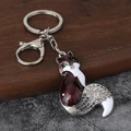 Fashionable enamel fox keychain with sparkling rhinestones on a metal keyring - Silver Dark Brown
