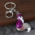 Detail of purple enamel fox keychain with gradient rhinestones and lobster clasp hardware - Silver Purple