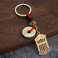 Porte-clés porte-bonheur chinois avec boulier doré et pièces anciennes sur corde rouge - Abaque Pixiu Avec Corde Rouge