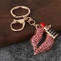 Pink crystal lips and red lipstick keychain with golden metal ring for bags - Rose Red
