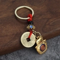 Porte-clés chat porte-bonheur avec pièces anciennes et cordon tressé rouge style or et noir - Chat de la Fortune Avec Corde Rouge