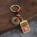 Porte-clés traditionnel chinois en alliage avec boulier doré et pièce de monnaie - Abaque de Fortune Avec Corde Rouge