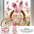 Close-up of Happy Easter window sticker with pink bunny ears wreath and floral details - Easter Rabbit Wreath Style (FHJ2646)