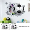 Detailed 3D broken wall soccer ball wall sticker showing dimensions and decal application - 3D Visual Wall Breaking Stereo Soccer (ZQ2619)
