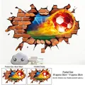 3D flaming soccer ball breaking through a brick wall decal with size dimensions display - Red Brick Wall Flame Soccer Style (ZQ2605)