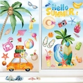 Summer beach window static stickers set with coconut tree and Hello Summer graphics - 4 Sheets Set (28x35cm) / Colorful