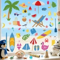 Vibrant summer beach window stickers featuring palm trees and surfing boards decor - Tropical Summer Style (XJ2605) / Set of 4 Sheets (30x20cm) / Colorful