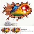 3D flaming football breaking wall sticker with soccer field view, 40x60cm sheet size - 3D Red Brick Broken Wall Soccer (ZQ2605)