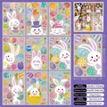 Detailed size guide for 9 sheets of Easter static window clings with bunny and egg motifs - Easter Hat Bunny