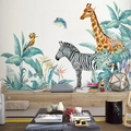 Tropical giraffe and zebra wall decals with watercolor palm leaves for living room decor - Zebra & Giraffe (CH39108AB)