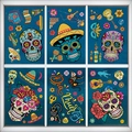 Day of the Dead static window clings with colorful sugar skulls and Mexican party motifs - Mexican Day of the Dead Theme Set (WLJ23001) / Set of 9 Sheets (20x30cm)