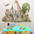 Adesivi murali animali della savana ad acquerello con leoni ed elefanti per bambini - Animali Dipinti a Mano (CH39121AB)