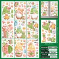 Detailed sheet of spring gnome window clings showing dimensions and watercolor floral patterns - Spring Window Sticker C09 (Garden Gnomes Set)