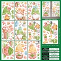Detailed sheet of spring gnome window clings showing dimensions and watercolor floral patterns - Spring Window Sticker C09 (Garden Gnomes Set)