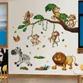 Stickers muraux animaux de la forêt avec singes et lion pour chambre d'enfant, 98x98cm - Jungle Joyeuse (CH39137AB)
