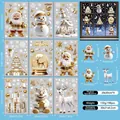 9-sheet set of white and gold Christmas window static clings with Santa and reindeer motifs - White Red Gold Holiday Party Style (2505)