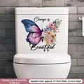 Floral butterfly wall sticker with Change is Beautiful slogan for bathroom decor - Flower Butterfly Embrace Purple Butterfly (CH33024) / 30x30cm