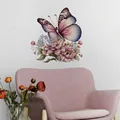 Floral wall sticker with purple butterfly and pink flowers, size 27x28.2cm for bedroom - Purple Butterfly And Flower Cluster (CH33005) / 30x30cm