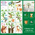 Cartoon Waldtiere Wandtattoo Set mit 9 Blättern mit Hirsch, Eule und Affen Motiven - Set mit 9 Blättern (CH23013)