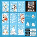 Detail showing 9 sheets of Christmas static window stickers with Santa and snowflakes - Light Blue Background Russian New Year Greeting Style (E23)