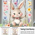Detail of Easter bunny on swing window sticker showing 28x28cm final size and application - Watercolor Bunny on Swing Style (FHJ2619) / 30cm*30cm*1 Sheet (Static No Trace)