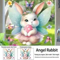 Detail of 3D angel rabbit Easter window cling with dimensions and floral decor - Easter Fairy Bunny (FHJ2609) / 30cm*30cm*1 Sheet (Static Cling)