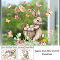 Detailed view of Easter bunny and flower window clings applied on a glass surface - Easter Bunny & Butterfly (FHJ2622) / 30cm*40cm*1 Sheet (Static No Trace)