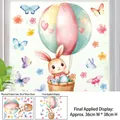 Detail of Easter wall sticker featuring watercolor rabbit in hot air balloon and flowers - Adhesive Style (FHJ2624)