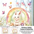 Detail of Easter window stickers with a cute white bunny, rainbow, and spring flowers - Easter Static Sticker (FHJ2620) / 30cm x 30cm