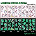 Cartoon unicorn luminous tattoo stickers showing day color and green glow effects - Luminous Unicorn Series B