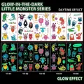 Luminous cartoon temporary tattoos showing daytime colors and green night glow effects - Luminous Monster Series