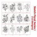 Set di tatuaggi temporanei floreali con 12 disegni botanici in bianco e nero - Serie Schizzo I (12 Stili)