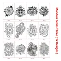Set of 12 mandala flower temporary tattoos with black geometric and butterfly line designs - Mandala Series 3 (HD-25 to HD-36)