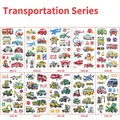 Detailed set of 10 cartoon transport stickers featuring police cars and fire trucks - Transportation Series