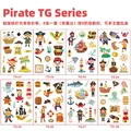Set detallado de ocho tatuajes temporales infantiles con temática pirata para fiestas - Serie Pirata Estampado Oro