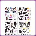 Lot de 4 tatouages éphémères visage chat noir avec motifs pattes et arêtes de poisson - Chat Mignon