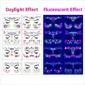 Neon glow butterfly face tattoos for festivals, showing daylight and UV light effect - Fluorescent Face Sticker Style A (8 Sheets/Set)