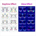 Detail of neon butterfly face tattoos showing daytime and fluorescent effects for festivals - Fluorescent Face Sticker Style B (8 Sheets/Set)