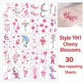 Lot de 30 tatouages temporaires fleurs de cerisier avec motifs floraux roses et lapins - Série Fleurs de Cerisier Lot 2 (YH-2)