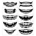 Lámina detallada de 10 tatuajes temporales de boca para Halloween con diseños de terror realistas - Ilustración de Boca Grande en Blanco y Negro (DZB)