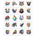 Detailed grid of 20 vibrant watercolor animal tattoo stickers with ink splash effects - Style E (20 Animal Patterns)