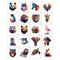Macro view of 20 assorted colorful watercolor animal temporary tattoo stickers - Style H (Item H-01 to H-20)