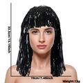 Black shiny tinsel wig for parties with bangs, size 33.5cm by 19cm, lightweight design - One Size / Bright Black