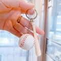 Handheld realistic mini baseball and wooden bat keychain pendant with metal ring - 2-in-1 Pendant (Bat/Ball) / 3.5cm Large Baseball (7.5cm Bat) / White