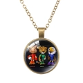 Vintage bronze pendant necklace featuring cartoon mascot trio with a glass dome cover - Cartoon Mascot Trio (62637004)