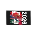 Bandera de fútbol 2026 con mapas de EE.UU. Canadá México y silueta de un deportista - Estilo Creativo de Tres Banderas de América del Norte (Estilo 3) / Dobles Ojales a la Izquierda