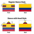 Size chart for 90x150cm Colombia body flag cape with sleeve and hood specifications - Colombia - Regular Sleeve Style