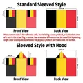 Size chart for Belgium flag body cape showing hooded and standard 150x90cm versions - Belgium - Regular Sleeve Style