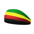 Close-up of Rasta style striped knitted beanie with green, yellow, red and black patterns - One Size / Jamaica Reggae Stripes Style (Style 20)