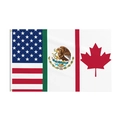 Detail of 2026 World Cup flag with US, Mexico, and Canada motifs and metal grommets - USA Canada Mexico Combined Flag